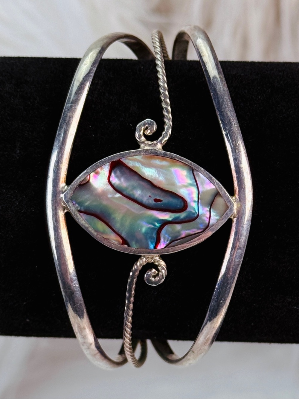 Vintage Alpaca Mexixo Abalone Shell Silver Cuff Bracelet